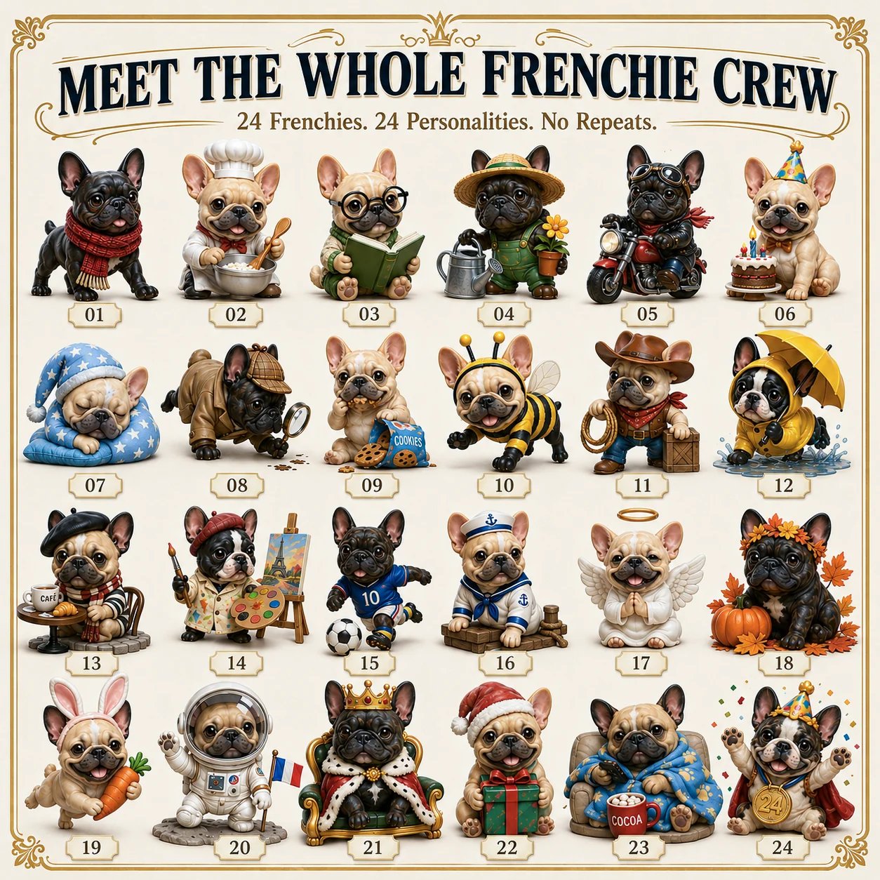Meet the whole Frenchie crew — all 24 unique advent calendar figurines overview