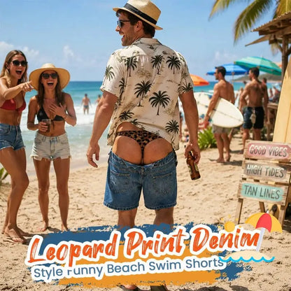 🔥LAST DAY 49% OFF - 😄Funny Leopard‐Print Fake Denim Swim Shorts | Novelty Illusion Beach Trunks
