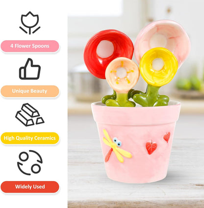 Cute Flower Ceramic Measuring Spoon Set With Storage Pot
