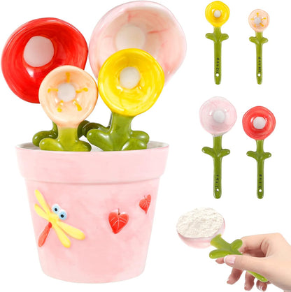 Cute Flower Ceramic Measuring Spoon Set With Storage Pot