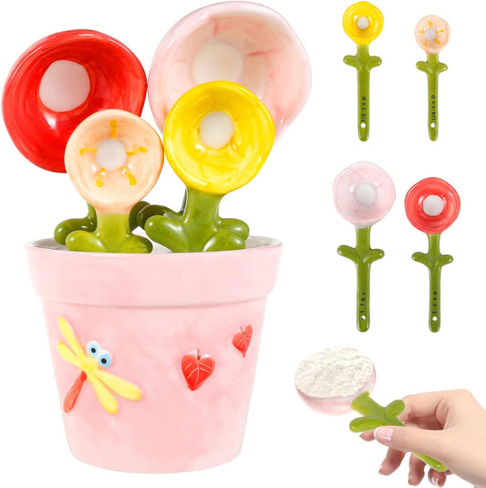 Cute Flower Ceramic Measuring Spoon Set With Storage Pot