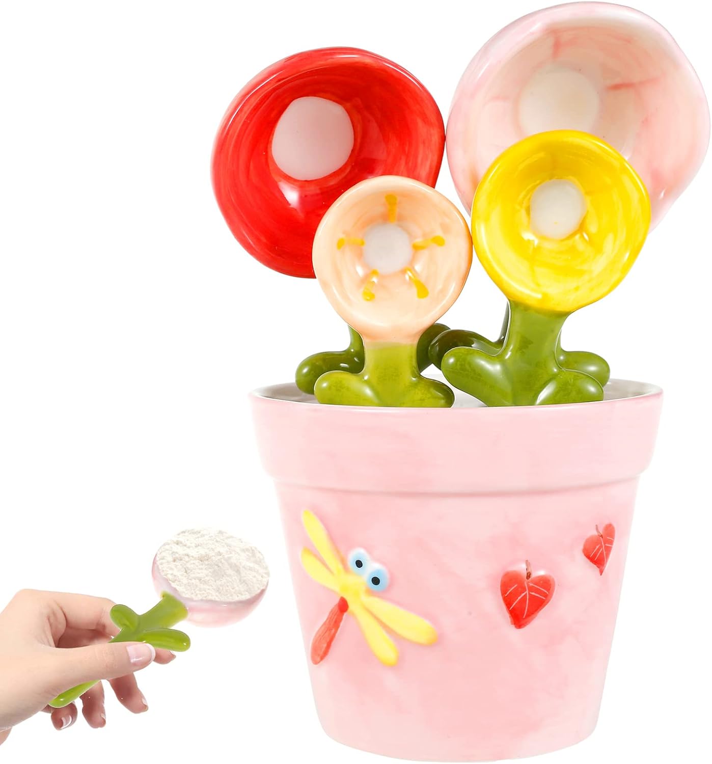 Cute Flower Ceramic Measuring Spoon Set With Storage Pot