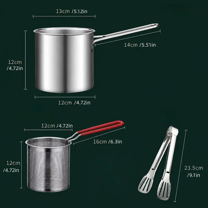 3Pcs Stainless Steel Deep Fryer Set,Rust-Resistant Portable Cookware for Home Kitchen Chips, Chicken Wings🍳🍟