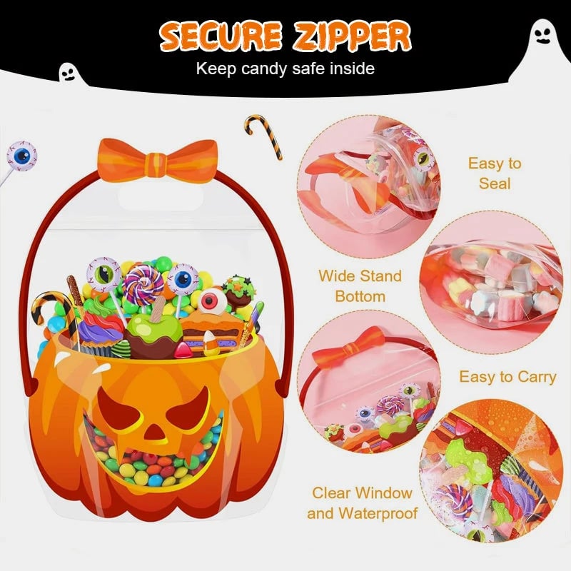🎃Halloween Plastic Goodie Bags, Trick or Treat Candy Bags, Pumpkin Pattern Treat Bags, Halloween Party Favor Snack Storage Bags for Classroom, Birthday, Students, Teachers, Neighbors