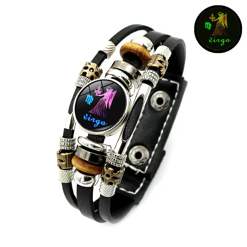 Glow-in-the-Dark 12 Leather Zodiac Bracelet for Men and Women(6.9/8.1in)