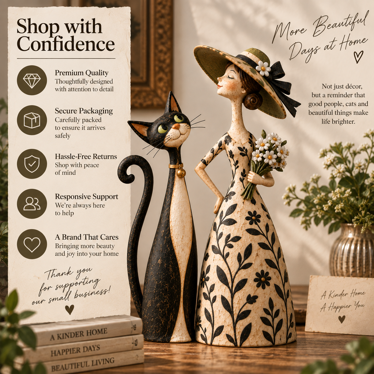 Whimsical Lady & Cat Figurine Set – Vintage-Inspired Home Decor for Cat Lovers