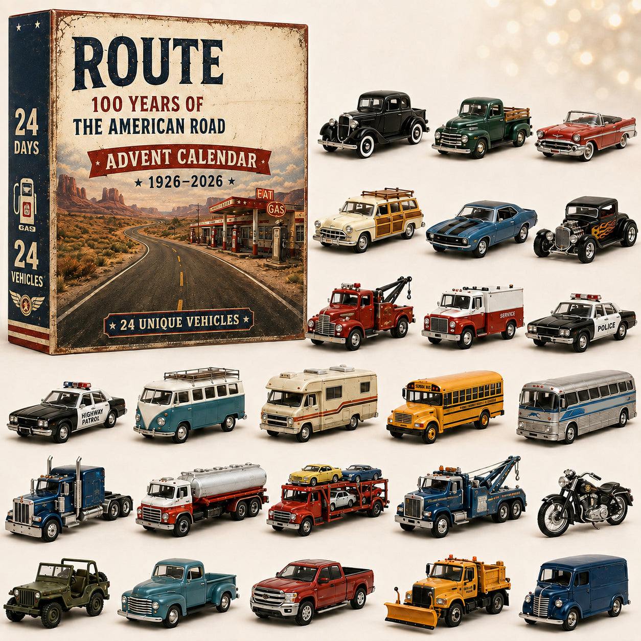 ✨ Route 66 Centennial Advent Calendar – 24 Days of American Road Legends | 1926–2026 Collector’s Edition