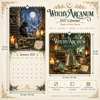 Witch’s Arcanum 2027 Wall Calendar – 12-Month Witchy Art Calendar with Black Cats, Herbs, Crystals & Seasonal Magic