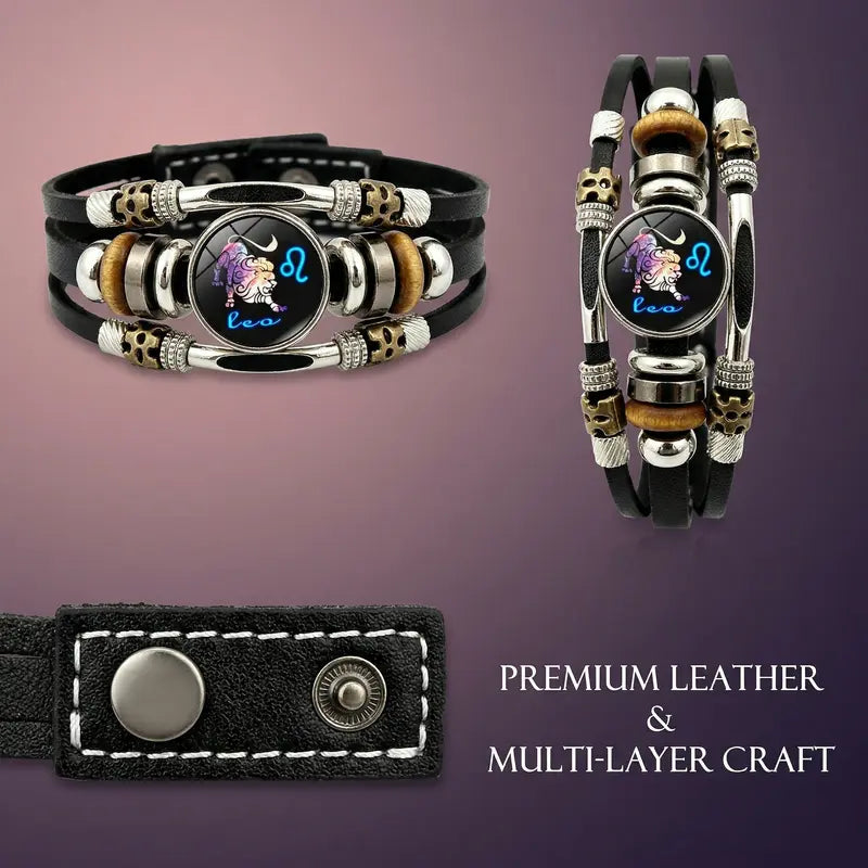 Glow-in-the-Dark 12 Leather Zodiac Bracelet for Men and Women(6.9/8.1in)