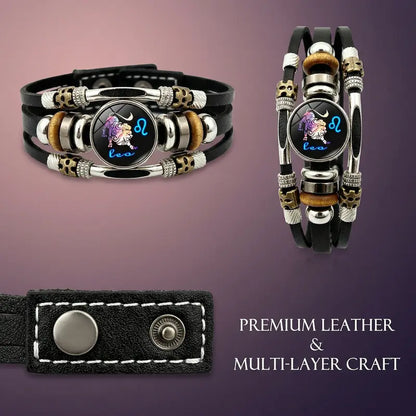 Glow-in-the-Dark 12 Leather Zodiac Bracelet for Men and Women(6.9/8.1in)
