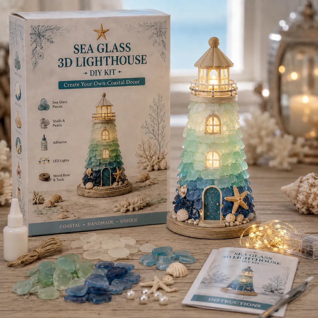 💥 LAST DAY 49% OFF - 💙 DIY Sea Glass Lighthouse Kit – Light-Up Coastal Craft & Handmade Home Decor