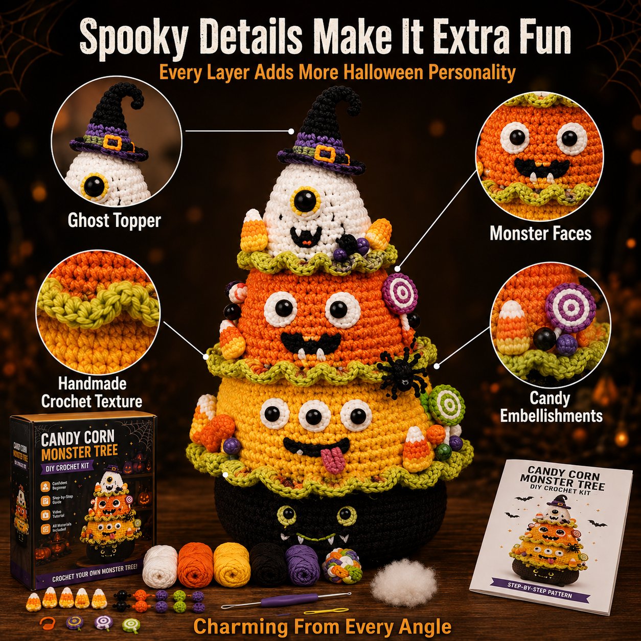 Halloween Tree DIY Crochet Kit | All-In-One Kit for a Layered 7-Inch Spooky Tabletop Decoration 🧶👻✨