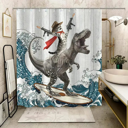 Cute Dinosaur & Cat Pattern Waterproof Shower Curtain with 12 Hooks – Decorative Bathroom Curtain