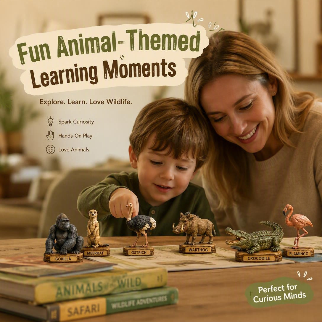 Animal-themed wooden pieces for family learning moments