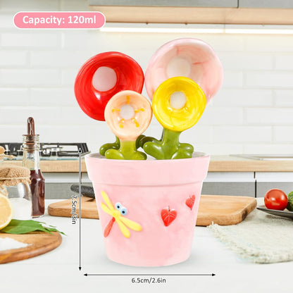 Cute Flower Ceramic Measuring Spoon Set With Storage Pot