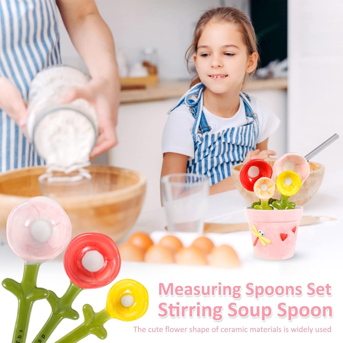Cute Flower Ceramic Measuring Spoon Set With Storage Pot