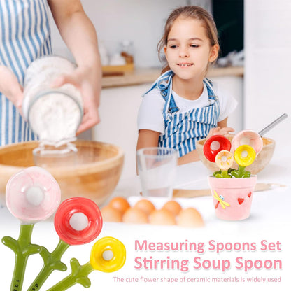 Cute Flower Ceramic Measuring Spoon Set With Storage Pot