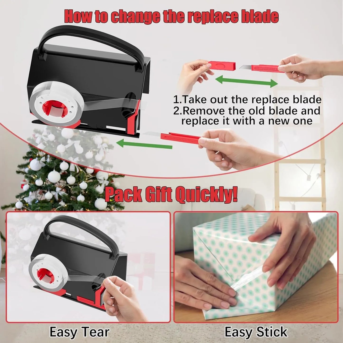 Dual Use Gift Wrap Cutter Tape Dispenser Kit, Portable Sliding Wrapping Paper Slicer, Replacement Blades Included, Household Office Gift Packaging Cutting Tool