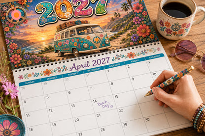 🌼 2027 Hippie Boho Wall Calendar – Retro Road Trip Calendar