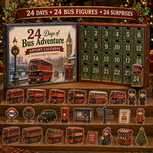 CHRISTMAS KICKOFF 49% OFF - 2026 Bus Adventure Blind Box - 24‑Day Festive Countdown, Bus Figures Blind Box - Gift For London Bus Enthusiasts