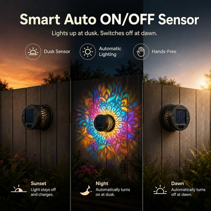Solar Mandala Projector Wall Lights – Colorful Outdoor Garden Fence Lights 🌈✨