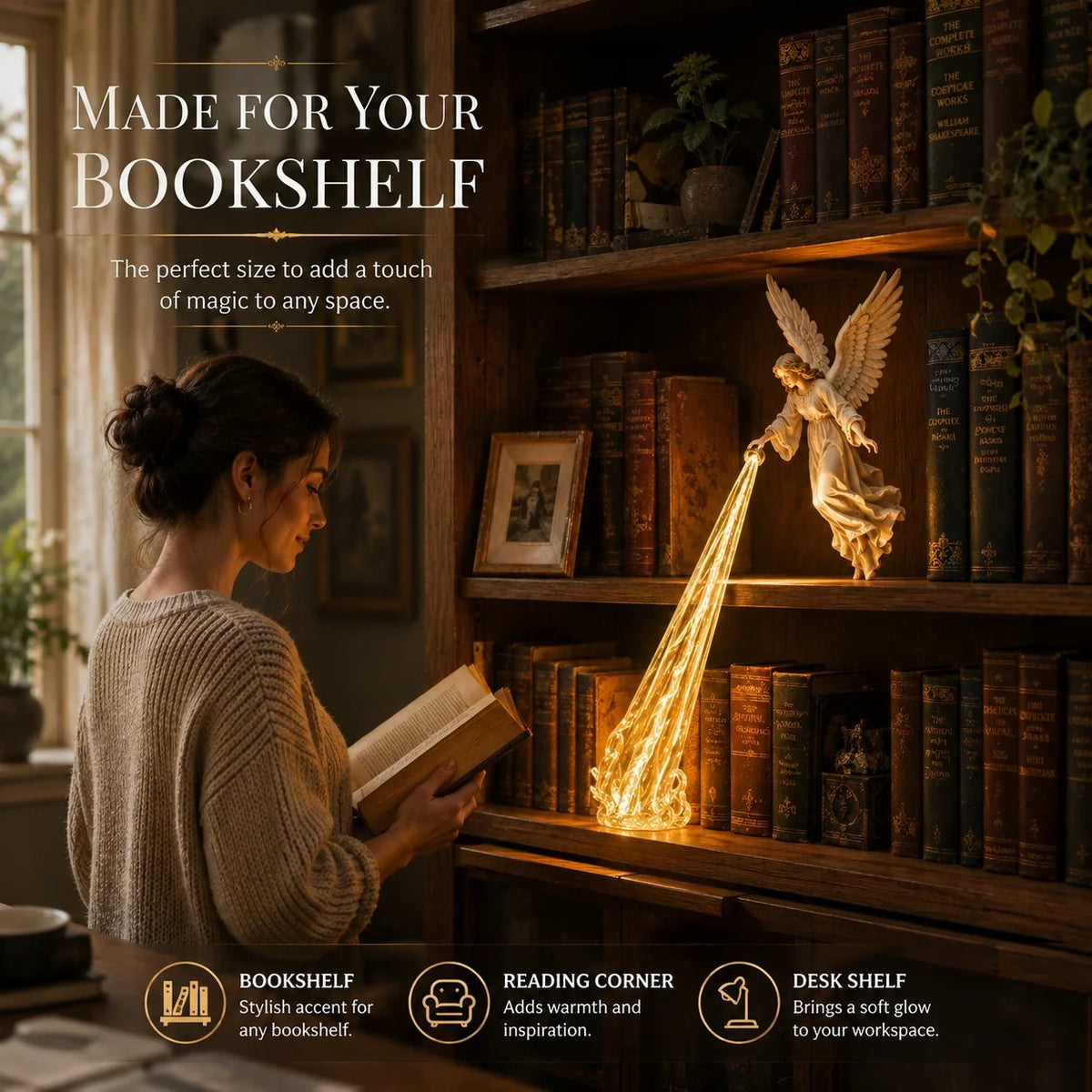 🕊️ Guardian Angel Bookshelf Light | Peaceful Angel Figurine with Warm Golden Beam for Reading Corners, Shelves & Meaningful Gifts ✨