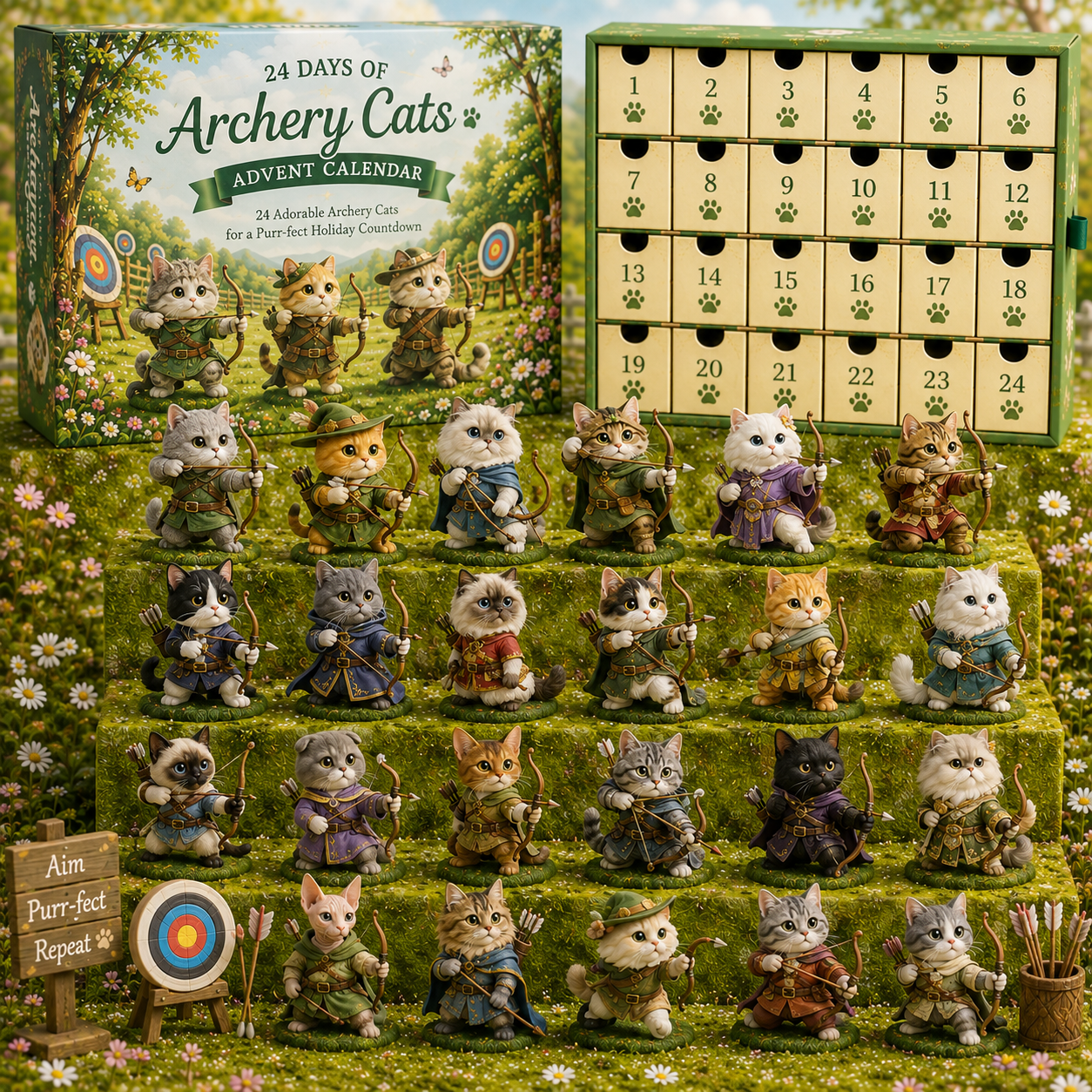 CHRISTMAS KICKOFF 49% OFF - 2026 Days of Archery Cats Blind Box - 24‑Day Festive Countdown, Archery‑Cat Themed Collectible Miniatures Blind Box - Gift For Cat Lovers