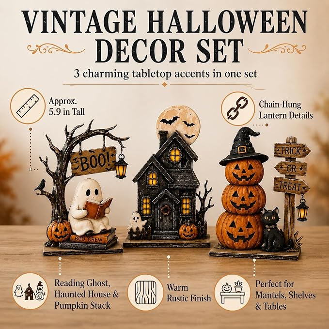 🎃 3-Piece Halloween Tabletop Decor Set – Spooky Centerpiece Collection