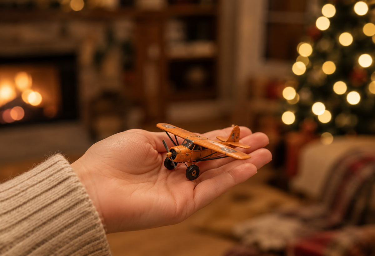 Miniature orange aircraft held in hand