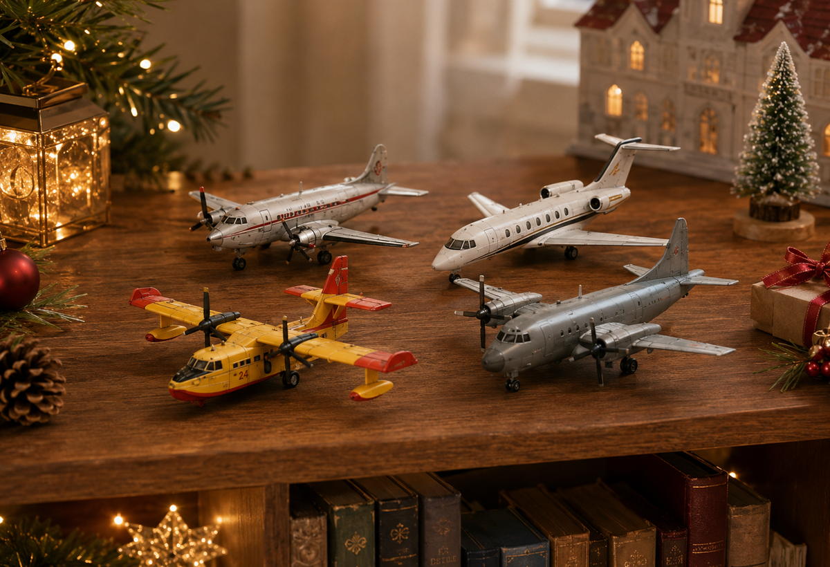 Miniature airplane collection displayed on a Christmas shelf