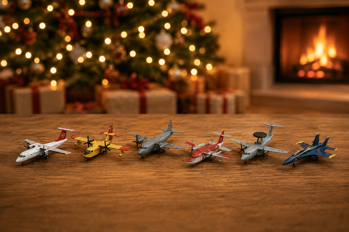 Miniature airplane collection displayed at Christmas
