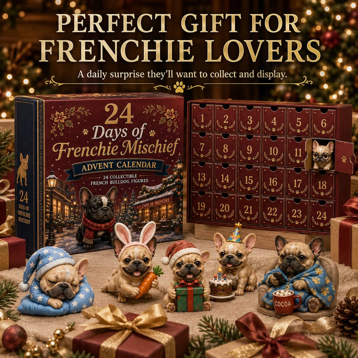 Perfect Christmas gift for Frenchie lovers — pet advent calendar gift scene