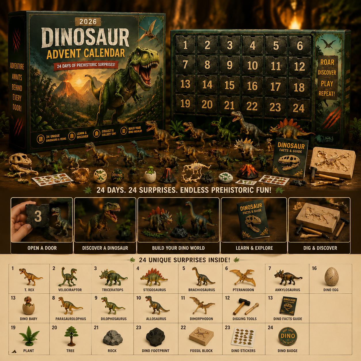 CHRISTMAS KICKOFF 49% OFF -🦖 2026 Prehistoric Dinosaur Adventure Advent Calendar – 24 Days of Dino Discoveries 🦕