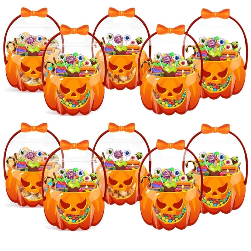 🎃Halloween Plastic Goodie Bags, Trick or Treat Candy Bags, Pumpkin Pattern Treat Bags, Halloween Party Favor Snack Storage Bags for Classroom, Birthday, Students, Teachers, Neighbors