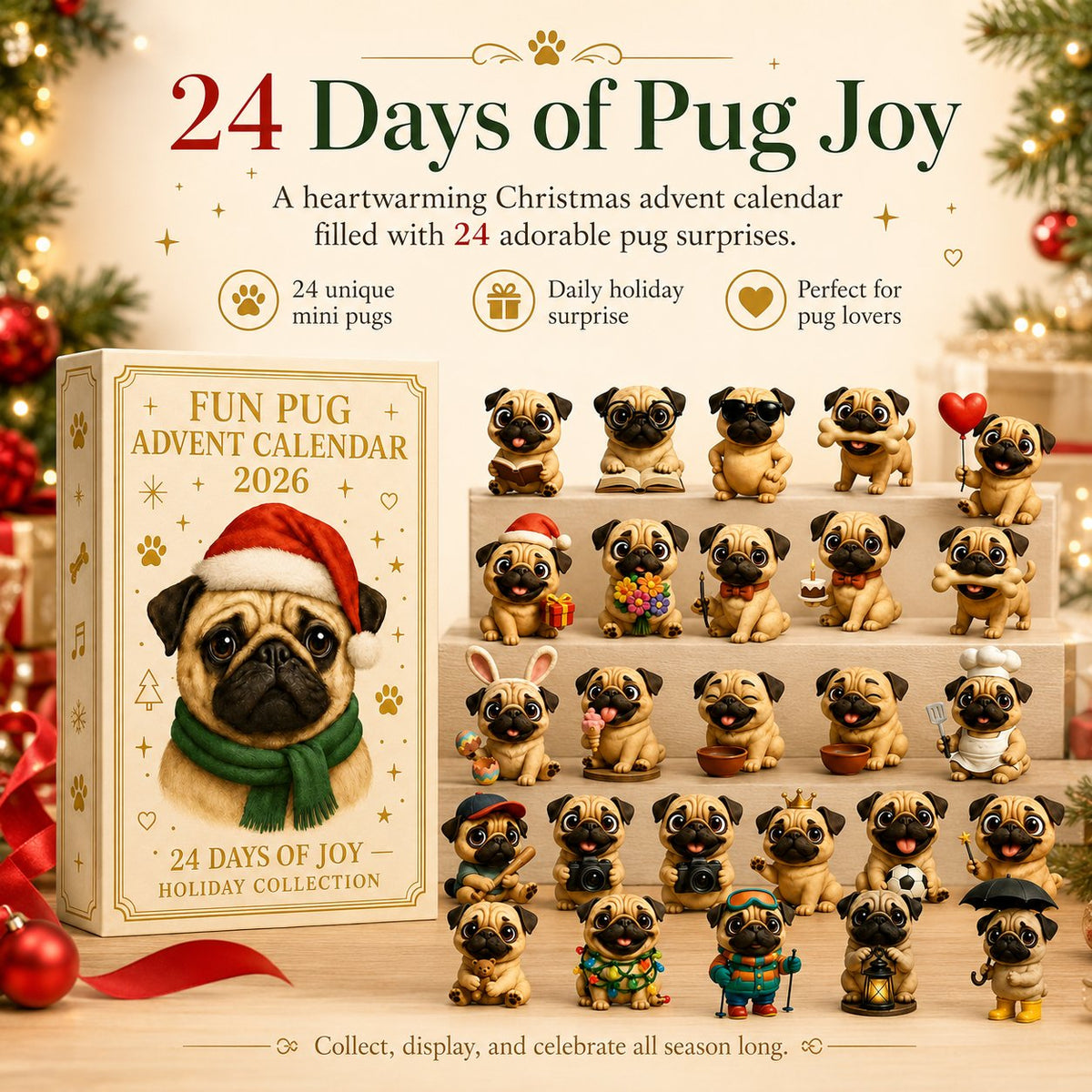 CHRISTMAS KICKOFF 49% OFF - 2026 Fun Pug Advent Calendar - 24‑Day Festive Countdown, Pug Dog Themed Collectible Miniatures Blind Box - Gift For Pug Lovers