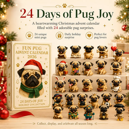 CHRISTMAS KICKOFF 49% OFF - 2026 Fun Pug Advent Calendar - 24‑Day Festive Countdown, Pug Dog Themed Collectible Miniatures Blind Box - Gift For Pug Lovers