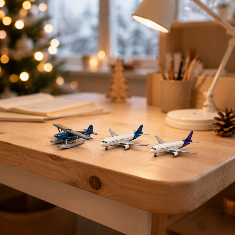 Miniature aircraft displayed on a home office desk