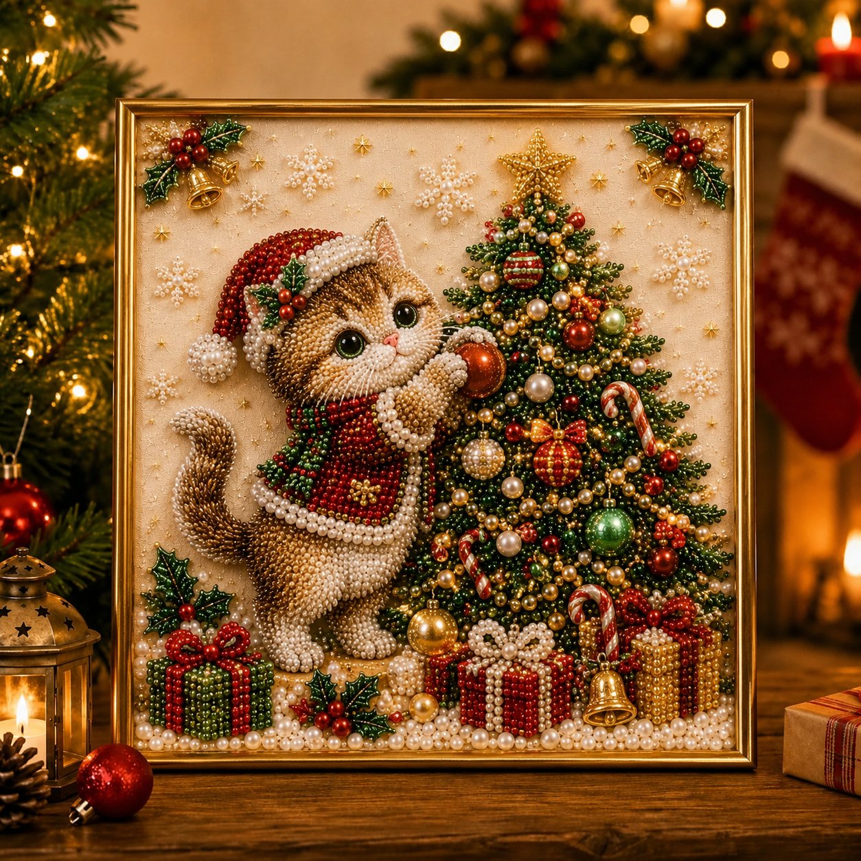🎄🐾 LAST DAY 49% OFF – Premium 3D Pearl Christmas Kitty Art Kit | Luxury Flocked Canvas with Scratch-Resistant Non-Fading Pearl Beads DIY Holiday Decor 🎅🐱❄️