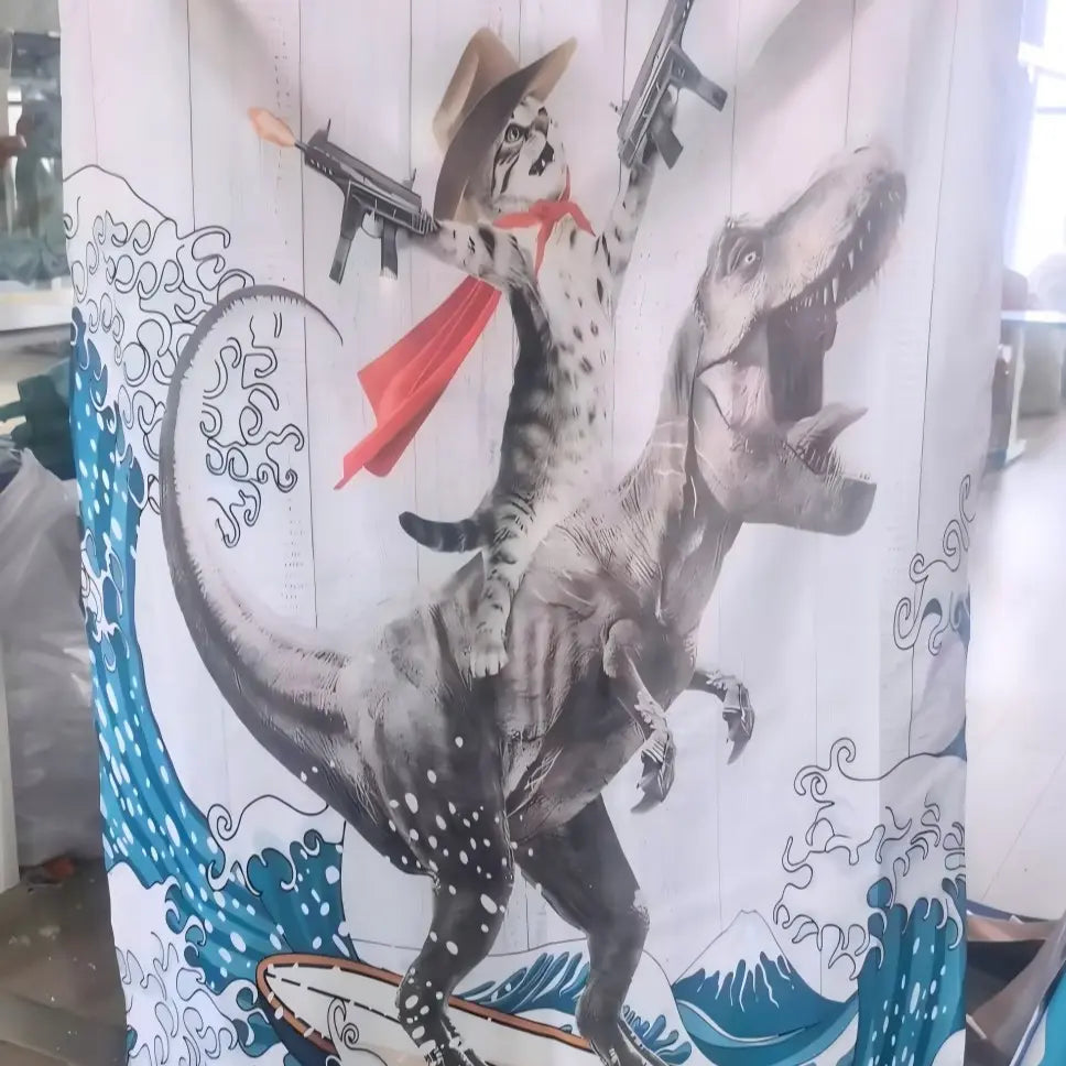Cute Dinosaur & Cat Pattern Waterproof Shower Curtain with 12 Hooks – Decorative Bathroom Curtain