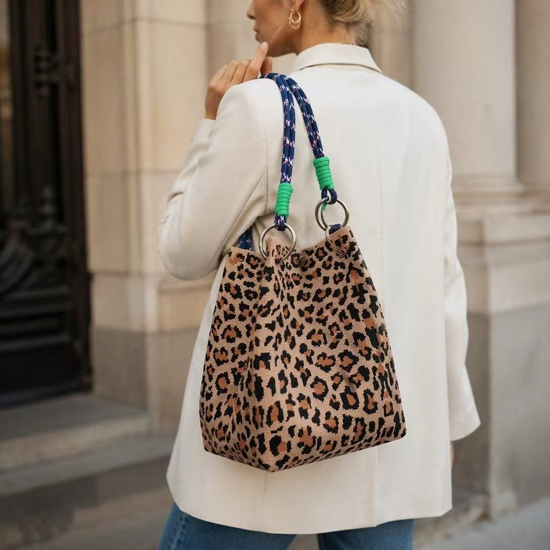 🏆👜 Limited-Time Sale: 50% OFF 🌴 Boho Leopard Woven Tote Bag | Stylish Daily Handbag