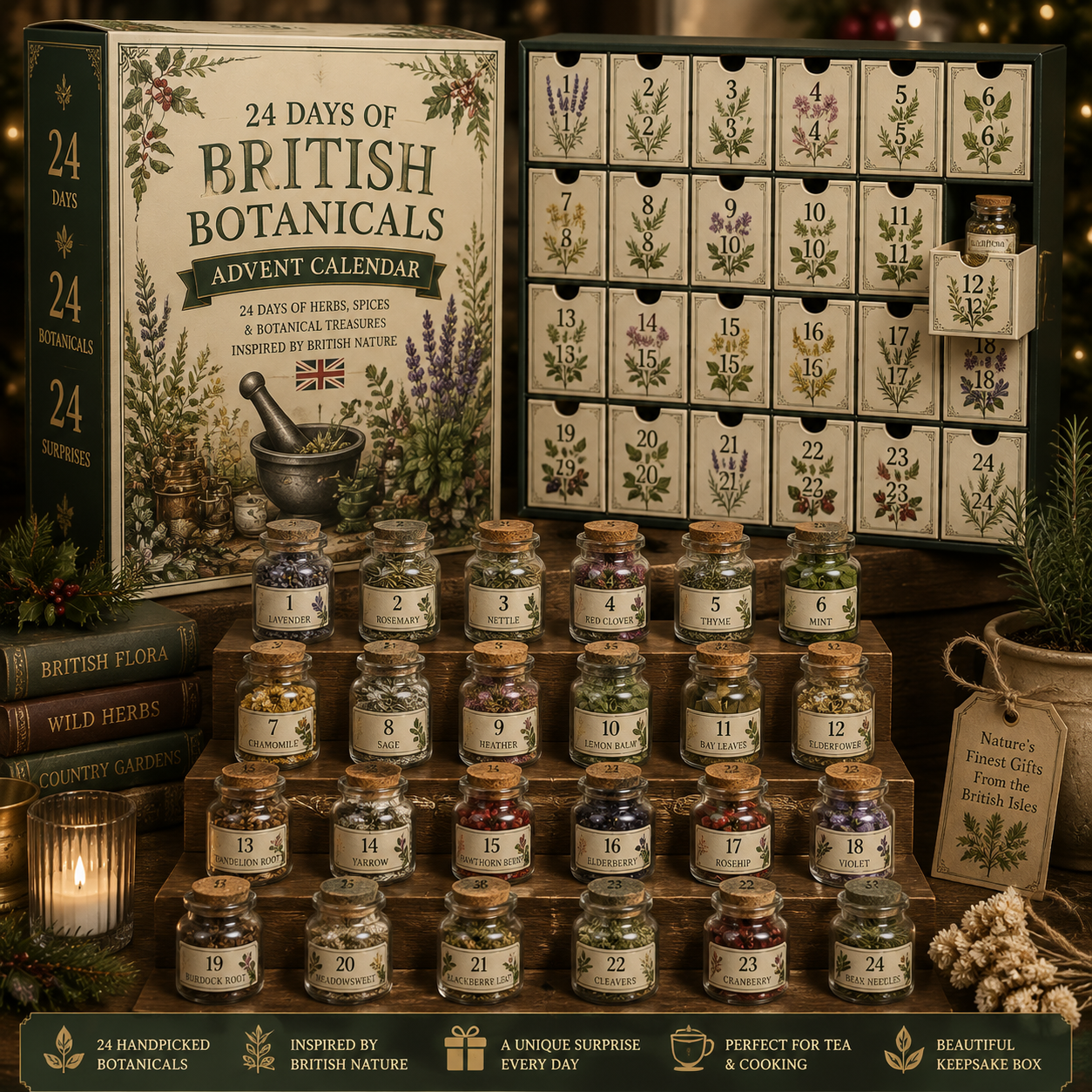 CHRISTMAS KICKOFF 49% OFF - 2026 Days of British Botanicals Blind Box - 24-Day Festive Countdown, British Botanicals Themed Collectible Miniatures Blind Box - Gift For Herb & Tea Lovers