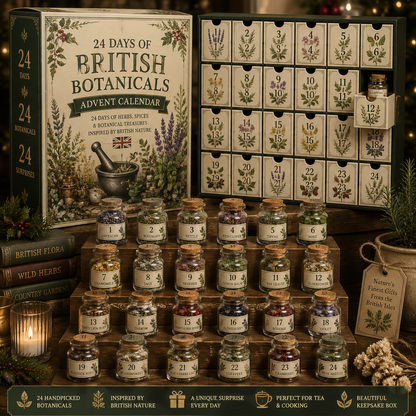 CHRISTMAS KICKOFF 49% OFF - 2026 Days of British Botanicals Blind Box - 24-Day Festive Countdown, British Botanicals Themed Collectible Miniatures Blind Box - Gift For Herb & Tea Lovers