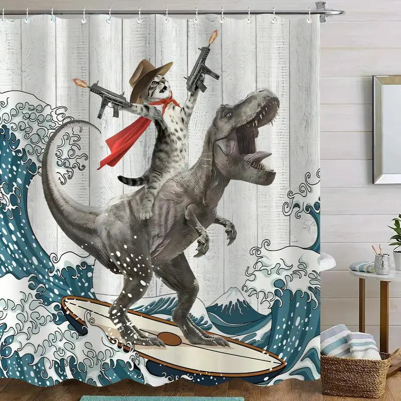 Cute Dinosaur & Cat Pattern Waterproof Shower Curtain with 12 Hooks – Decorative Bathroom Curtain