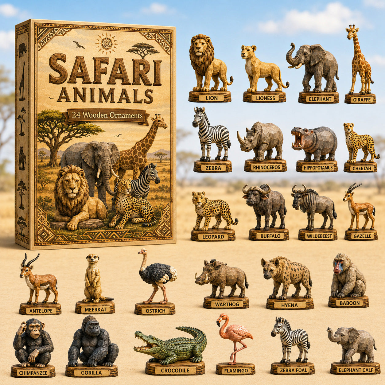 CHRISTMAS KICKOFF 40% OFF - Safari Animals Advent Calendar 2026 - 24-Day Festive Countdown, Wooden Charms Blind Box - Gift For Nature Lovers AC0HT389