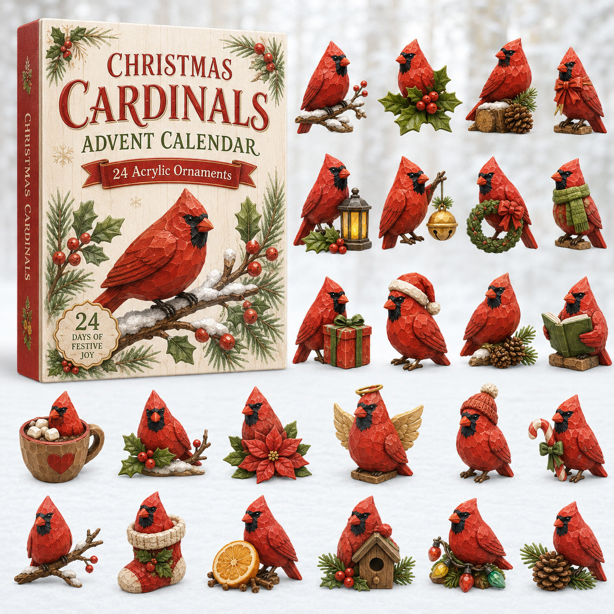 CHRISTMAS KICKOFF 40% OFF - Christmas Holy Cardinals Advent Calendar 2026 - 24-Day Festive Countdown, Acrylic Charms Blind Box - Gift For Family Members, Cardinal Lovers