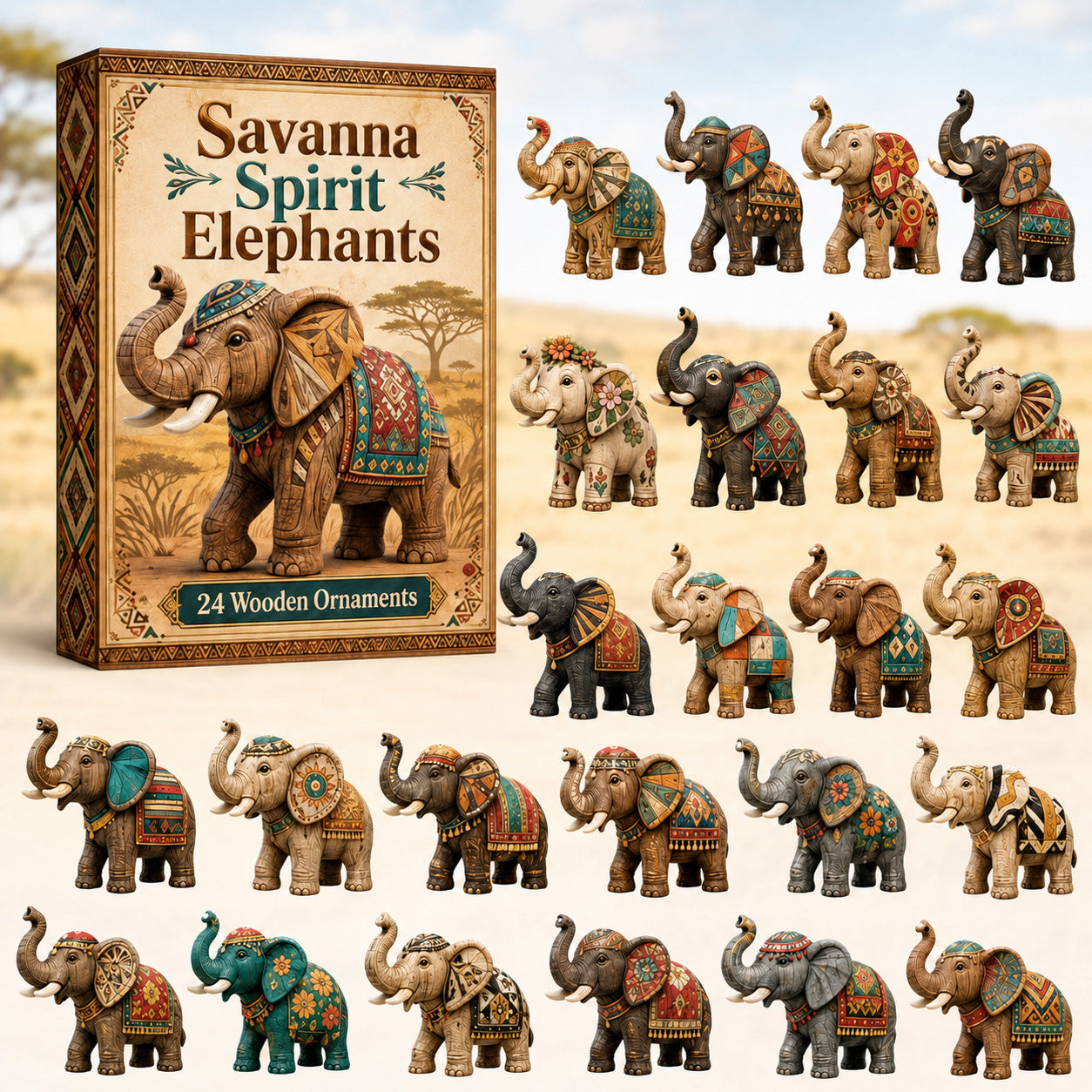 CHRISTMAS KICKOFF 40% OFF - Savanna Spirit Elephants Advent Calendar 2026 - 24-Day Festive Countdown, Wooden Charms Blind Box - Gift For Elephant Lovers AC0HT387