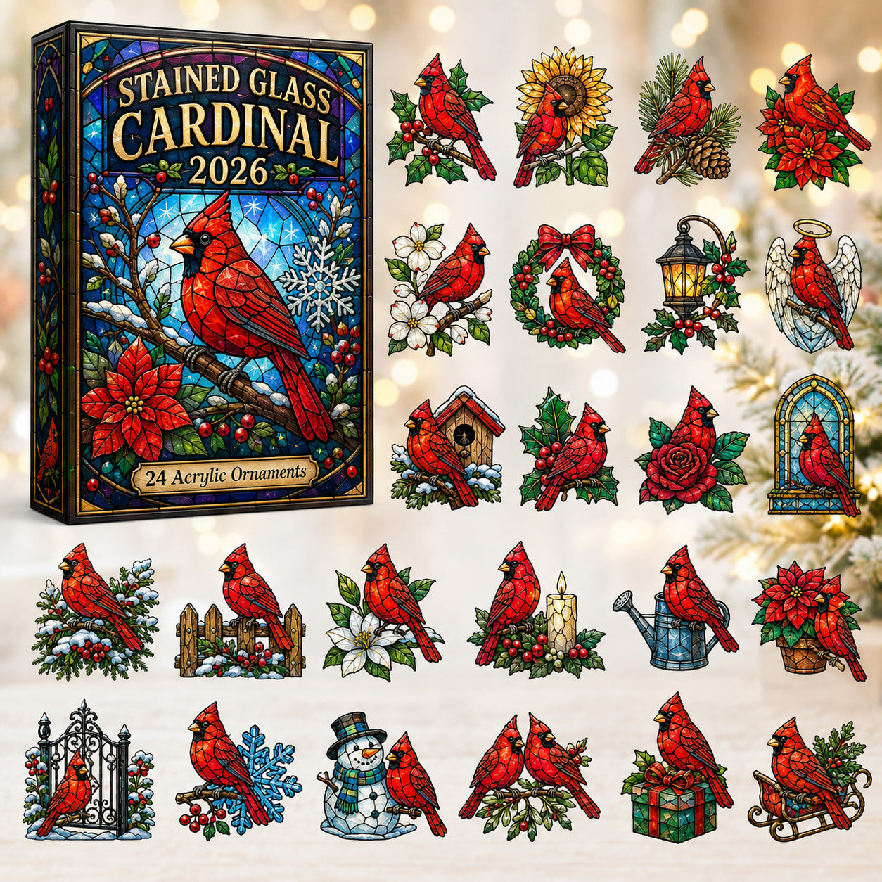 🔥Last 50 pcs✨Stained Glass Cardinal Advent Calendar 2026 - 24-Day Festive Countdown, Acrylic Charms Blind Box