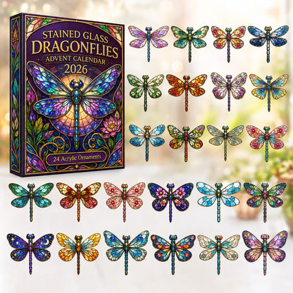 CHRISTMAS KICKOFF 40% OFF - Stained Glass Dragonflies Advent Calendar 2026 - 24-Day Festive Countdown, Acrylic Charms Blind Box - Gift For Dragonfly Lovers AC0HT354