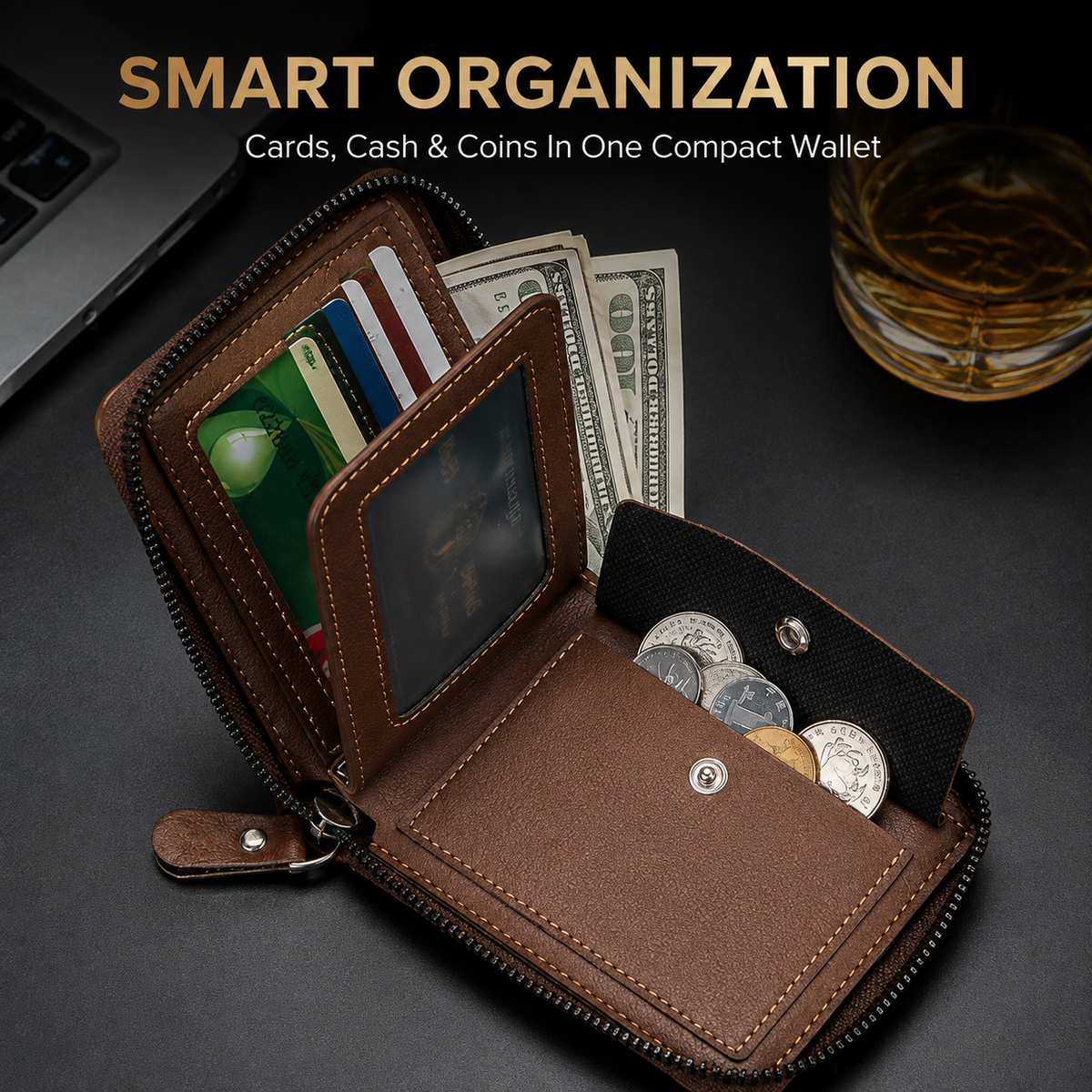 🏆 Last Day Special Price £9.78 !👛Vintage Men's Short Zip-Around Trifold Wallet