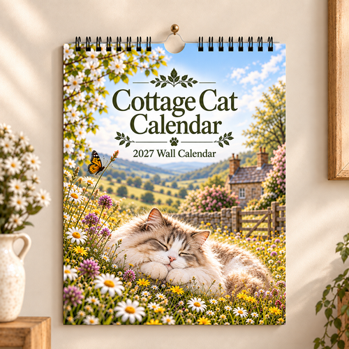 Cottage Cat 2027 Wall Calendar – 12‑Month Cosy Art Calendar with Sleepy Fluffy Cats, Country Gardens & Idyllic Cottage Charm
